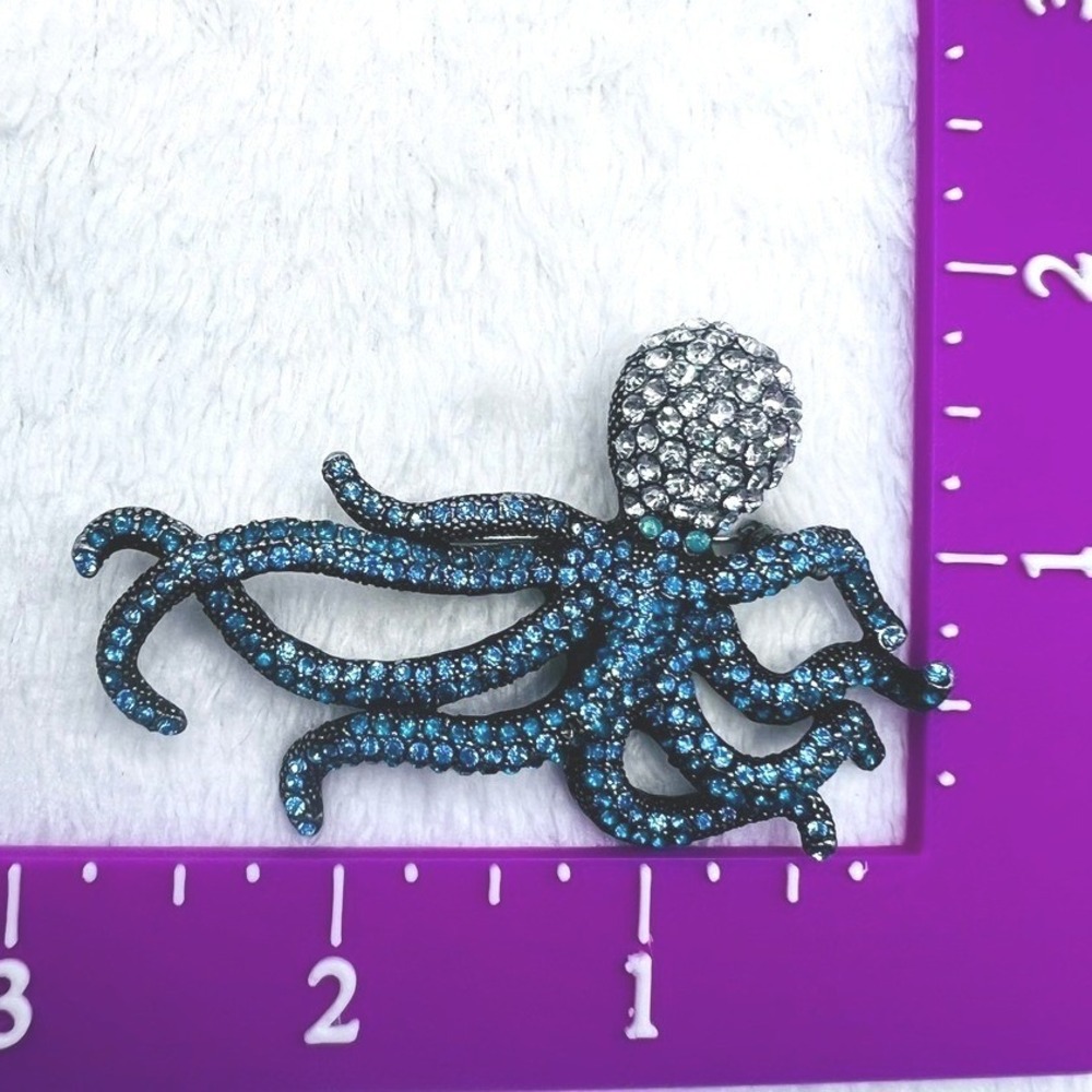 Blue Clear Rhinestone Octopus Brooch Japanned Nautical‎ Sea Life Whimsical 3X2" - Picture 5 of 6